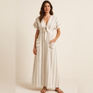 Happy Nature Striped Tie-Front Linen Striped Dress Size Medium Cream Navy Tan